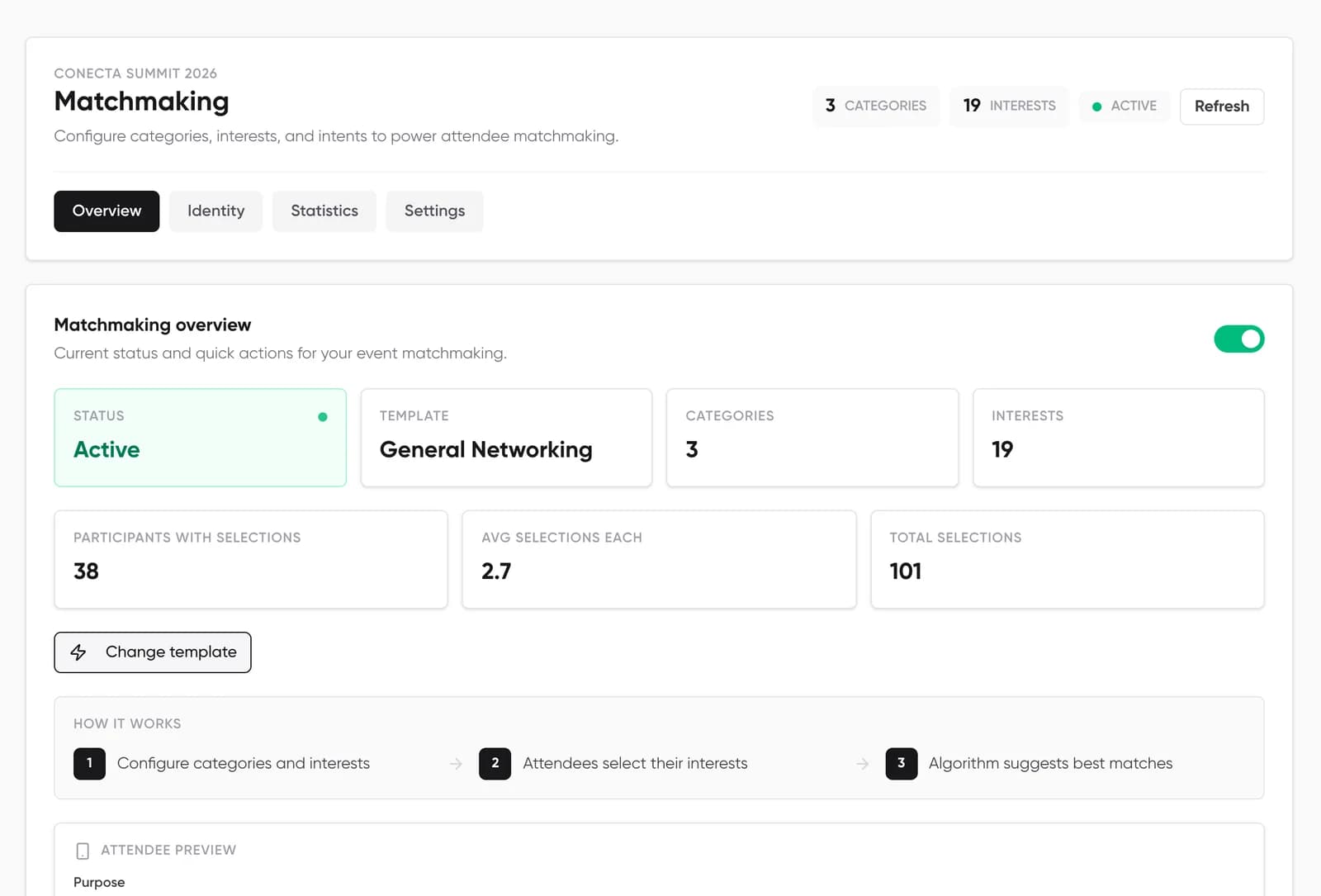 Matchmaking settings in the Conecta dashboard: template, categories, interests and an attendee preview
