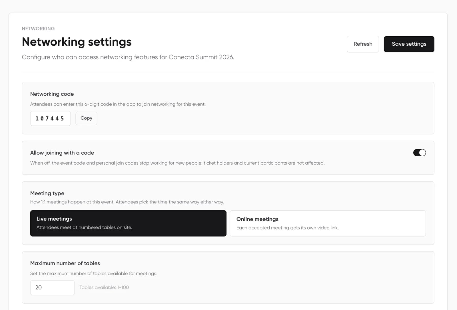 Conecta dashboard, Networking settings: event code, live or online meetings, number of tables and meeting length