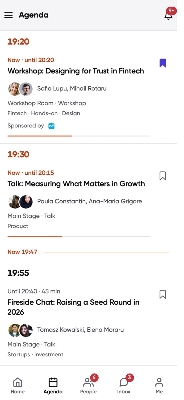 Conecta Agenda: live workshop and talk with speakers, rooms and a Now line