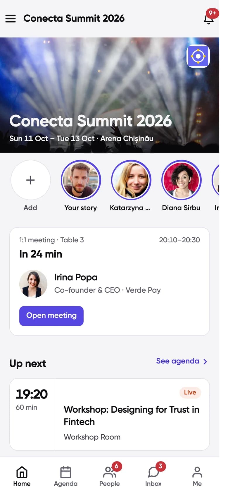Conecta Home screen: the next meeting with Irina Popa at table 3 starts in 24 minutes