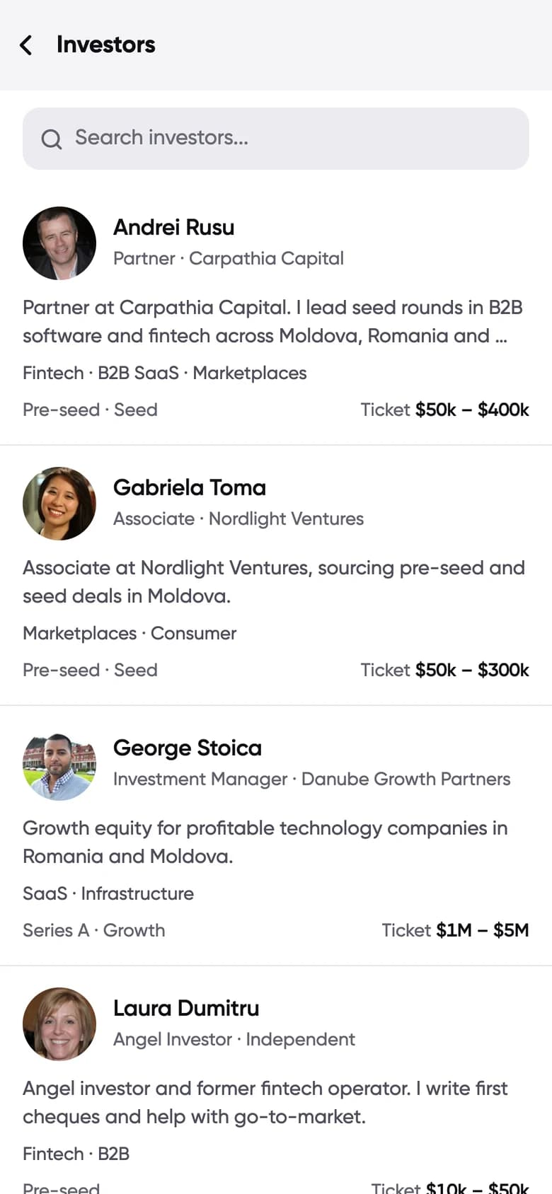 Conecta Investors screen: investors with their focus areas, stages and ticket sizes