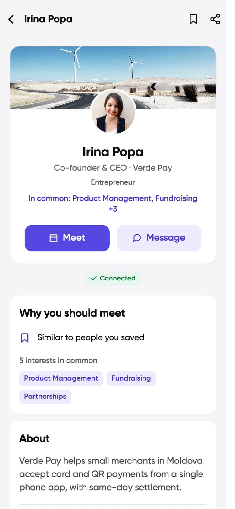Conecta attendee profile: Irina Popa, with Meet and Message buttons and why you should meet