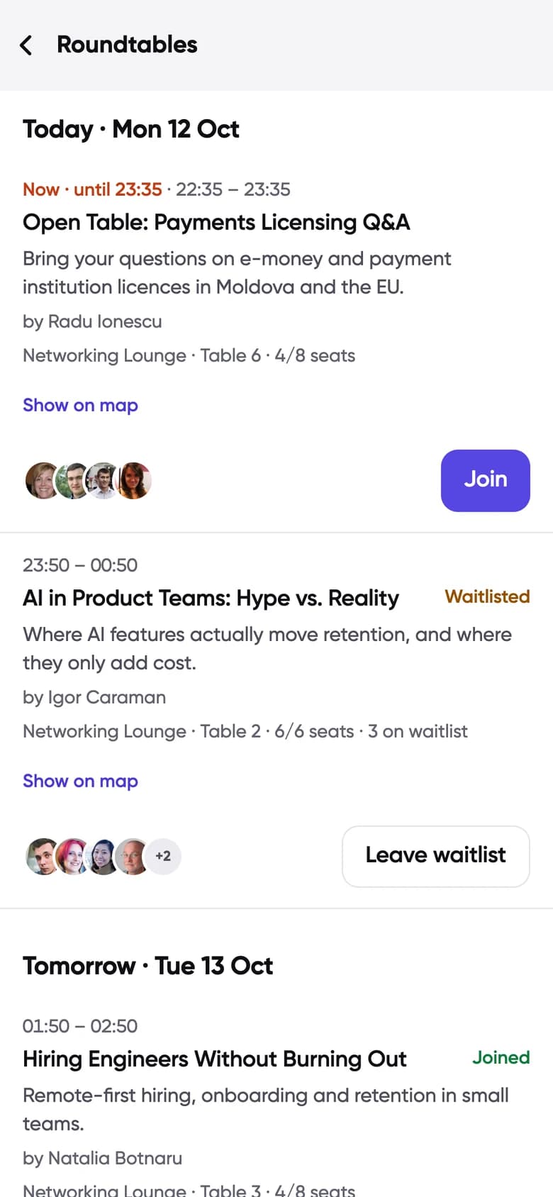 Conecta Roundtables screen: tables with topics, hosts, seats left, Join and waitlist buttons