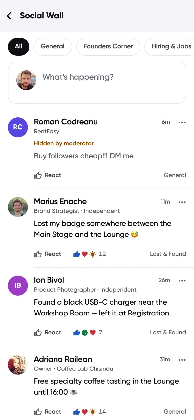 Conecta Social Wall: topic channels with posts, reactions and a post hidden by a moderator